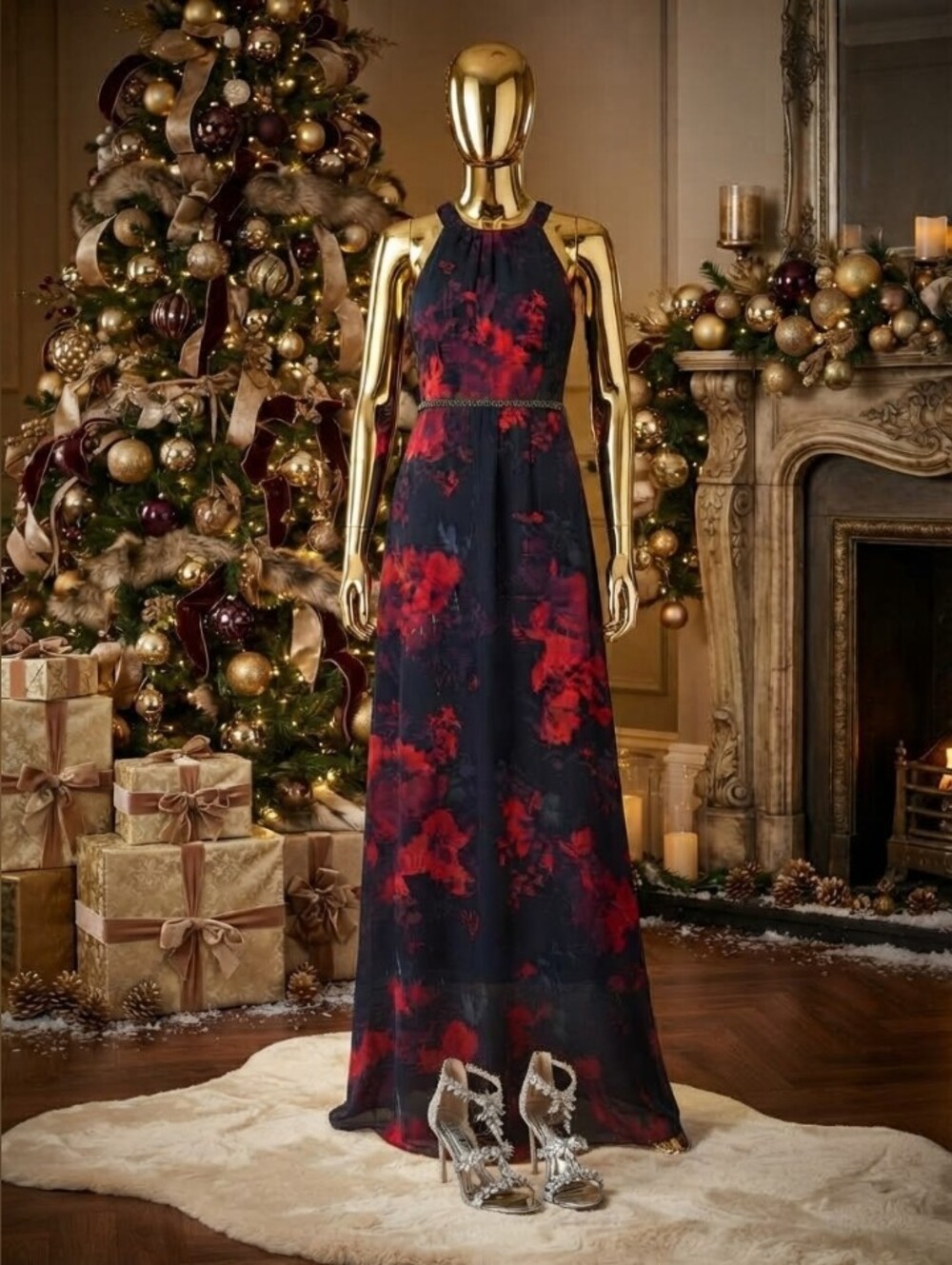SLNY Floral Maxi Dress in Blue & Red Size 6